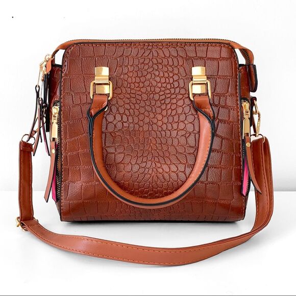 Vegan Brown Crocodile Leather Satchel Bag NWOT - Picture 2 of 6